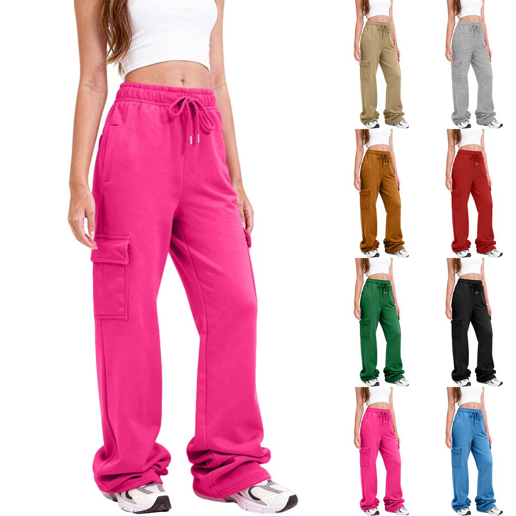 Women Cargo Sweatpants Stacked Pants Warm Fleece Drawstring Waist Casual Joggers Trousers