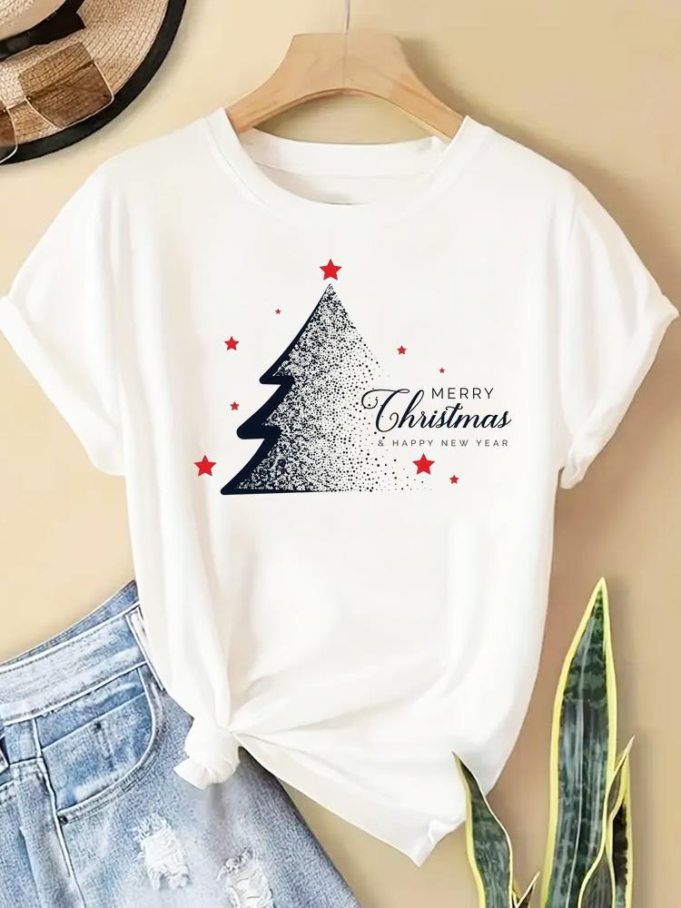 (Asian Size) watercolor letter new year T Clothing Short Sleeve T-shirts  Print merry Christmas o-neck Women's Top Fashion holiday Graphic Tee