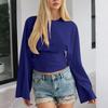 Women's Solid Color Round Neck Long Sleeve Top: European/American Style, Wide Sleeves, Cinched Waist