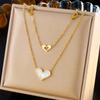 Gold Plated Mother of Pearl Heart Double Layer Necklace, Stainless Steel Dainty Hollow Heart Pendant Choker, Waterproof Jewelry for Women Gift