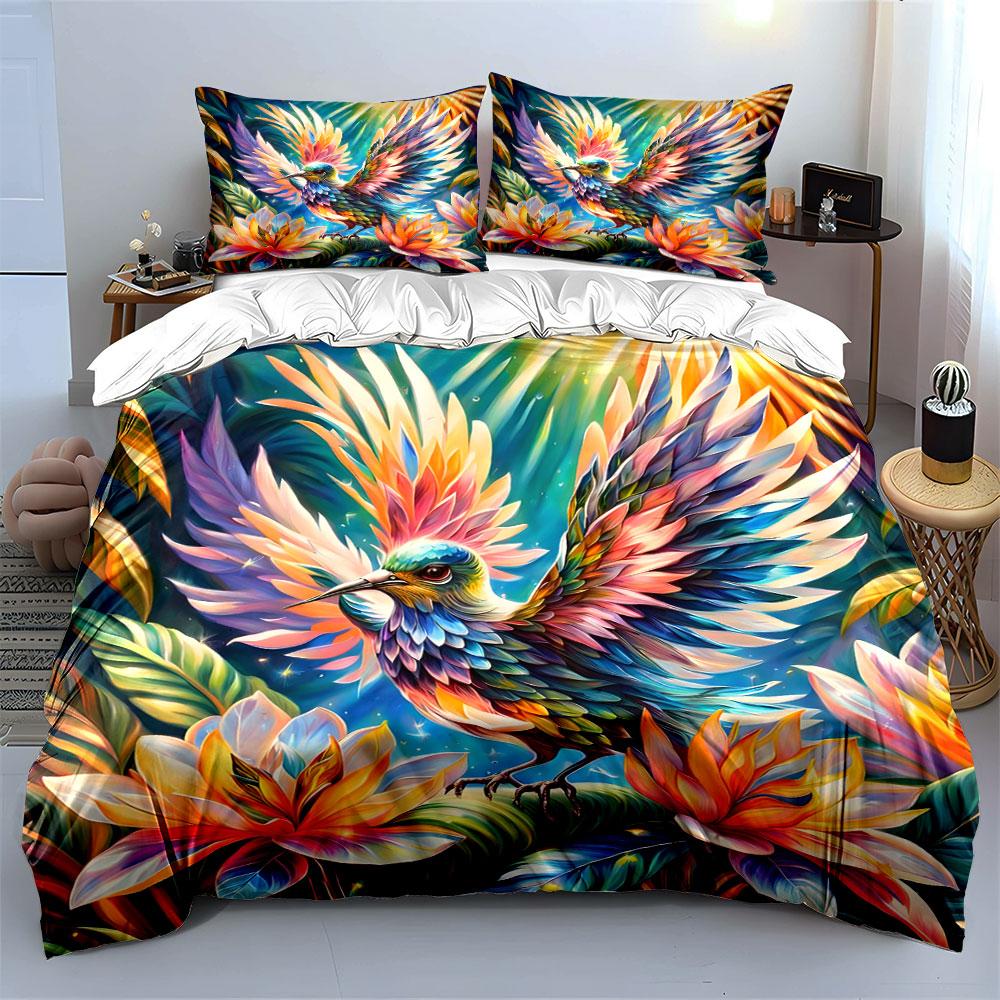 "Colorful Bird and Lotus Fantasy Design" Print Bedding Set Duvet Cover Pillowcases (1* Duvet Cover 2* Pillowcases Do Not Include Comforter)