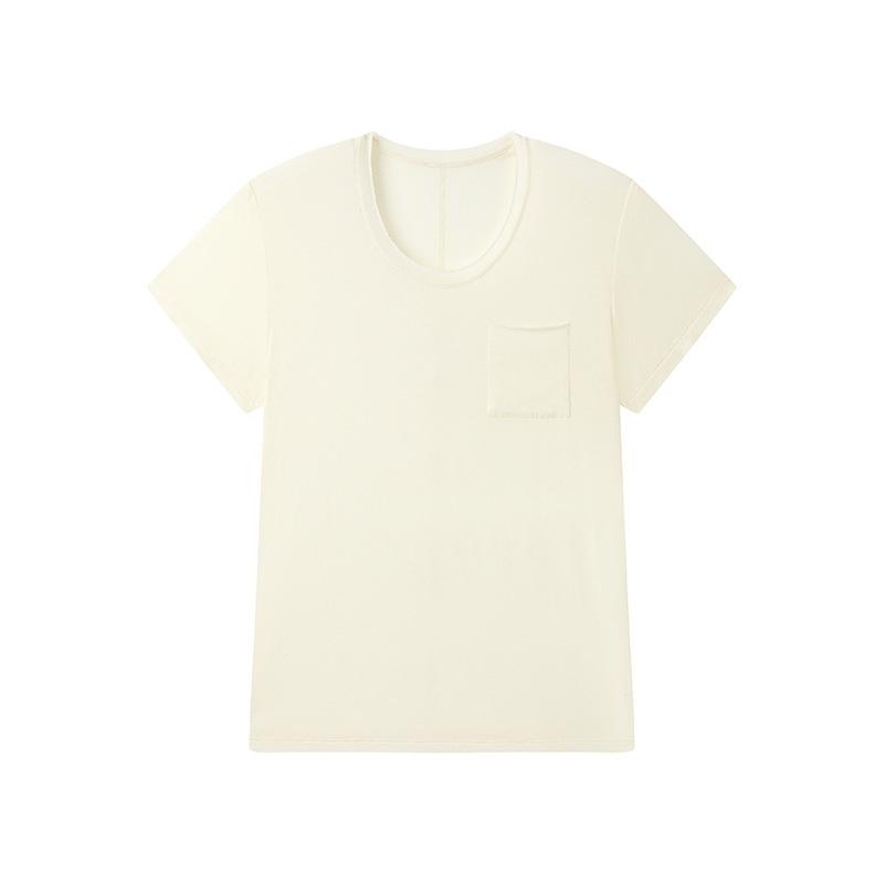 2026 New Summer Round Neck Pocket T-Shirt with Simple Striped Design for Women M