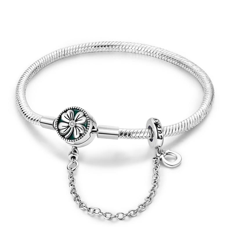 

925 Silver 17-20CM Golden Four-Leaf Clover Snake Chain Bracelet Lucky Safety Chain Fit DIY Charms Beads Women Jewelry 20cm