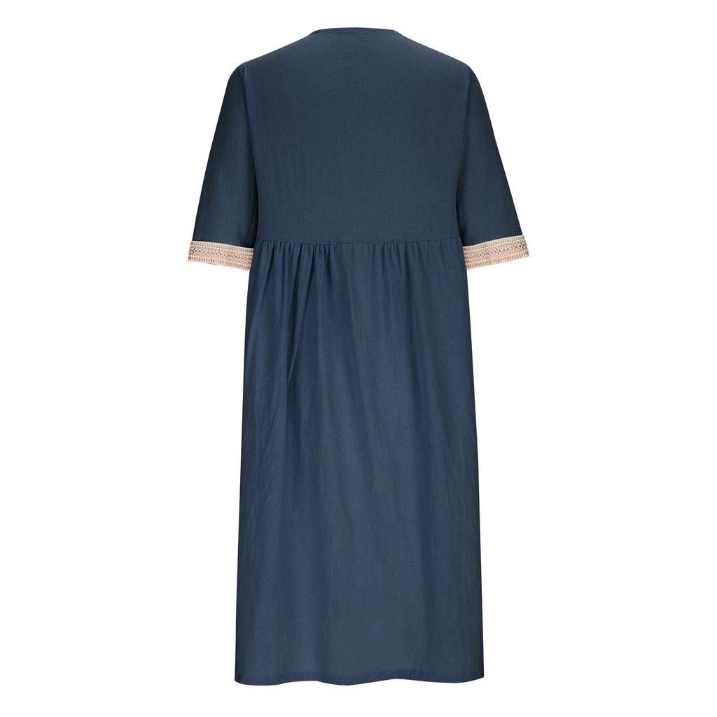 Kleid, Lockeres Baumwoll-Leinen-Rundhals-Fünf-Knopf-Mittelkleid