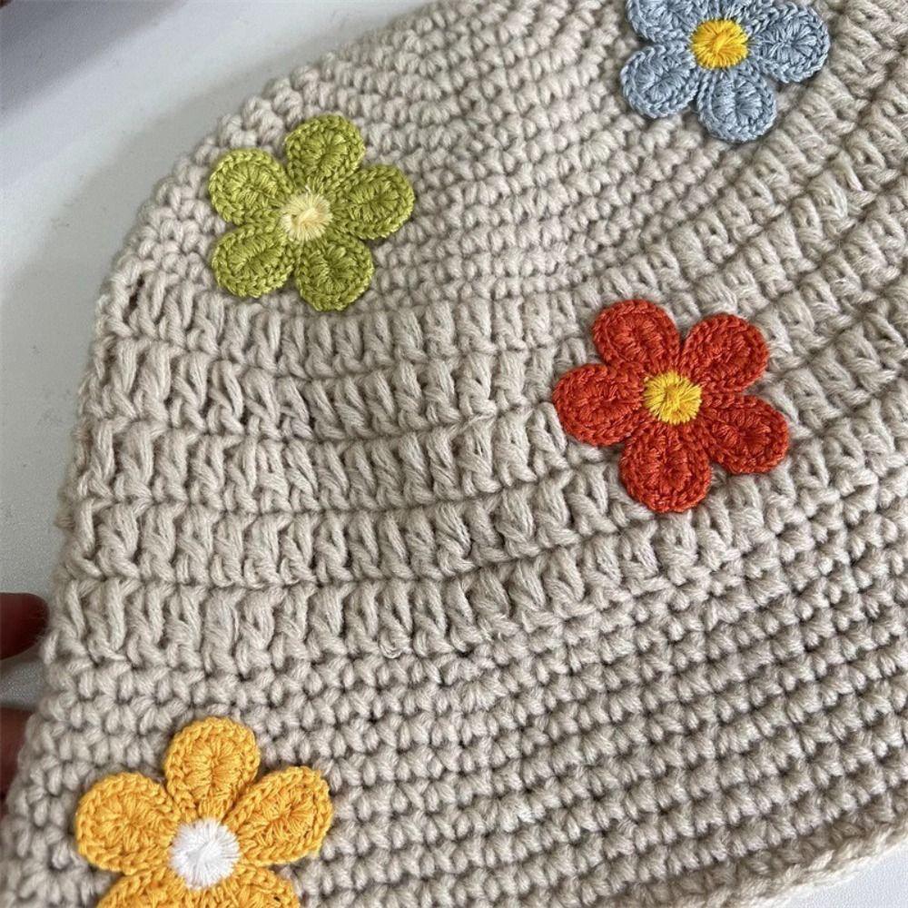 Korean Style Beanies Hat Handmade Bucket Hat Casual Flower Knitted Hat  Outdoor