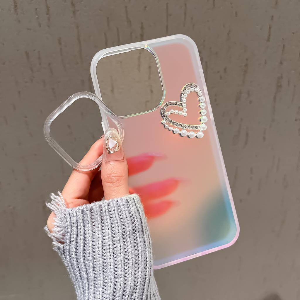 For iPhone 14 Pro Max Matte Case Laser Effect Pearls Heart Decor Smart Phone Cover with Wrist Strap