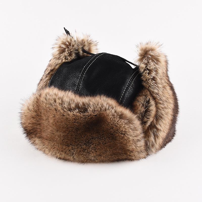 Men's Winter Leather Lei Feng Hat with Thick Plush, Ear Protection, and Big Head Fit for Cold Weather Cycling.