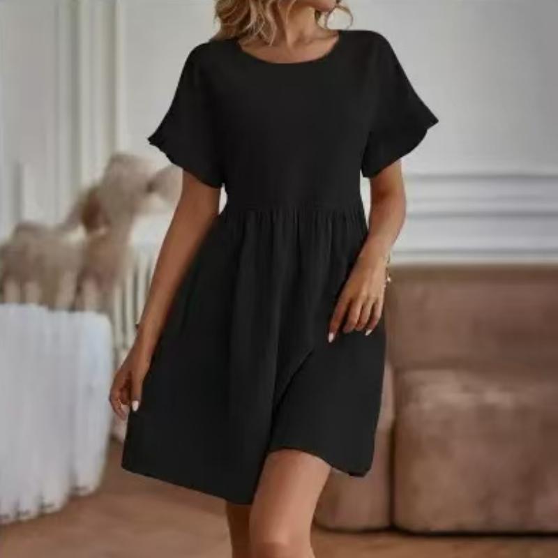 QICED Fashion Summer OL Temperament Women's Cotton and Linen O-Neck A-line Skirt Dress