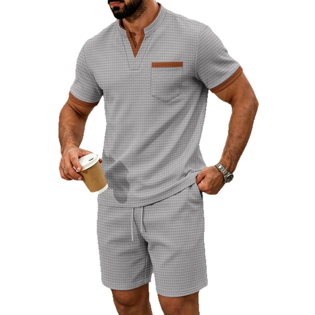 Men's Summer Plaid Pocket V-neck T-shirt & Shorts Casual Two-Piece Set