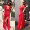 4 Colors Women's Fashion Boho Long Dot Dress Long Dress High Silt Printed Beach Dress Plus Size S-5XL