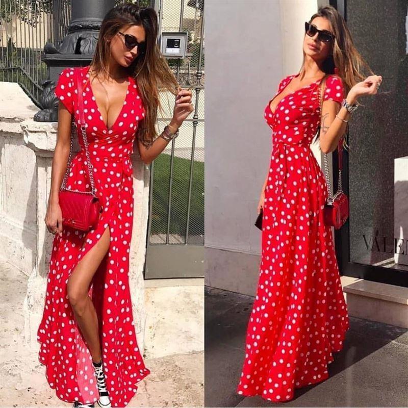 4 Colors Women's Fashion Boho Long Dot Dress Long Dress High Silt Printed Beach Dress Plus Size S-5XL