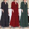 2024 Cotton & Linen Print Long Shirt Dress with Turn-Down Collar and Pockets