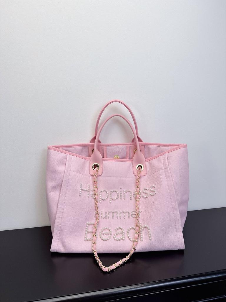 Pearl embroidered beach bag canvas chain bag large capacity handbag shoulder shopping bag women's tote bag