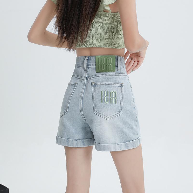 Denim Shorts for Women In Summer New Retro Curly Edge High Waist Slim A-line Shorts for Women Small People Wearing Pants