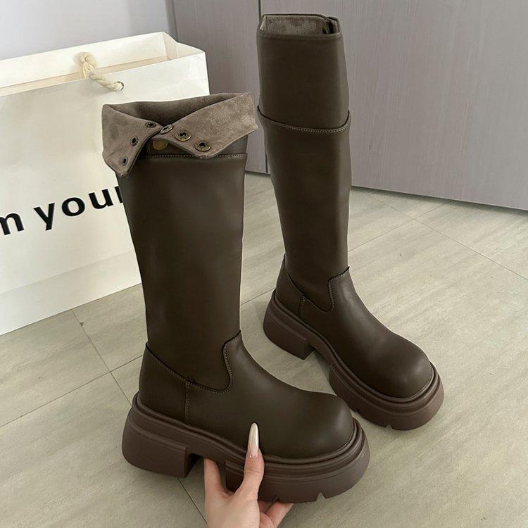 Genuine leather~ Jiaoyu pleated piled boots can be folded twice, brown long boots, thick heels and thick soles, but knee knight boots.