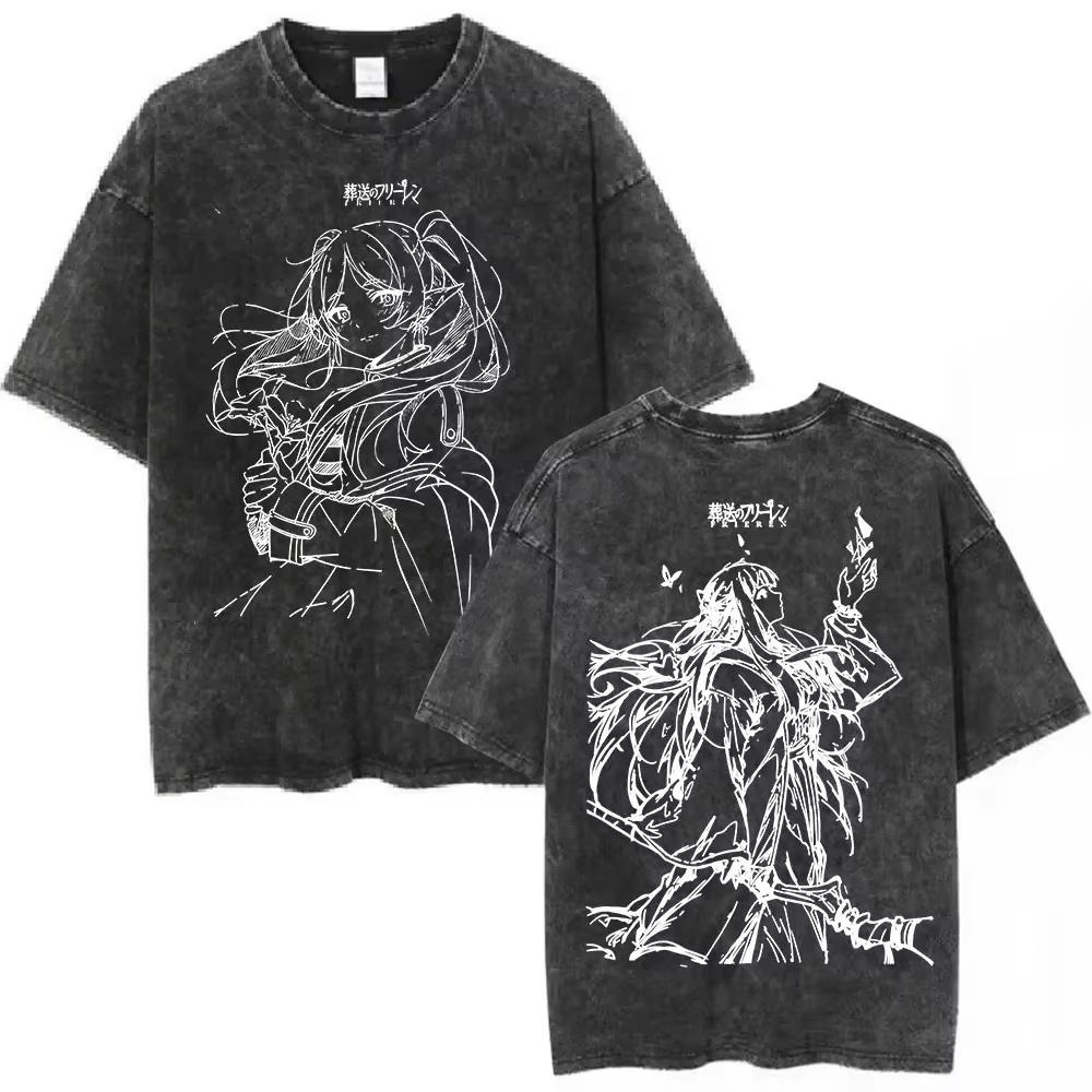 Hot Sale Anime Frieren Beyond Journey's End Vintage Washed T-shirt Men's Women Clothing Fashion Short Sleeve Trendy Streetwear for Daily Looks
