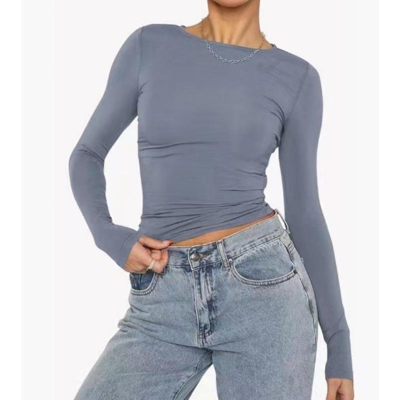 Women's Long Sleeve T-Shirt O Neck Solid Color Shirt Slim Basic Bottom Tops