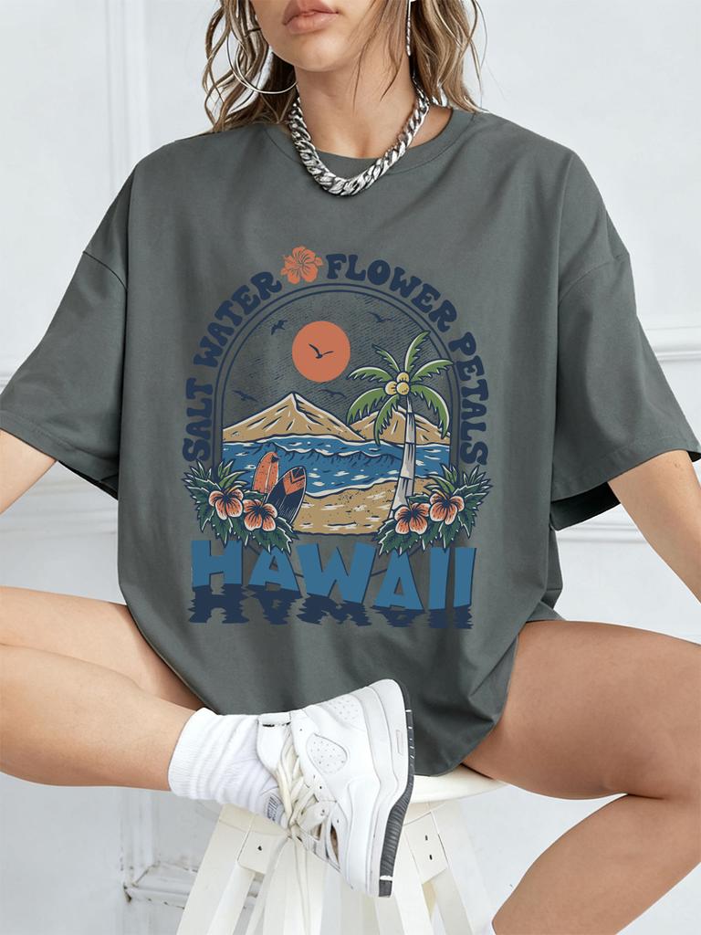 Salt Water Flower Hawaii Prints TShirts Women Summer Cotton Short Sleeve Tops Loose ONeck Comfortable T Shirt Casual Clothes