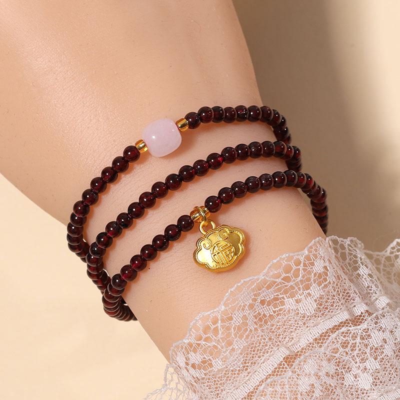 Exquisite Women's Garnet & Hetian Jade Three-Circle Lucky Bead Bracelet