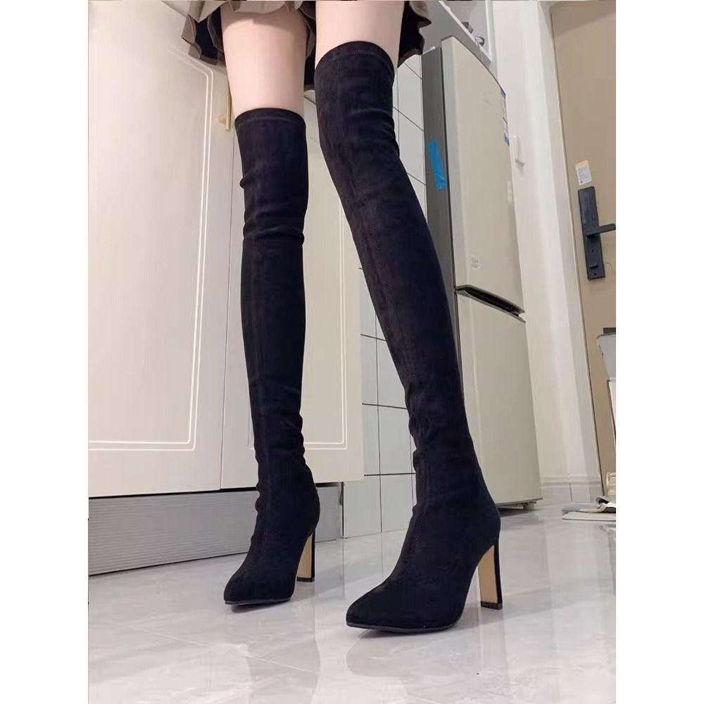 Over-knee boots Women's boots 2025 autumn and winter new thin boots thick heel suede high elastic boots pointed high heel
