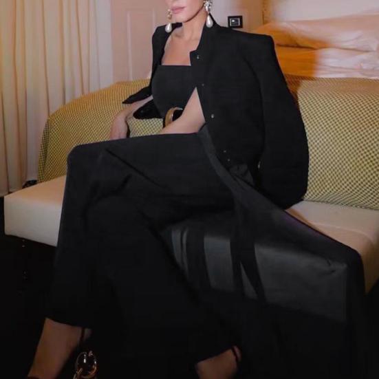 Women Casual Jacket Long Sleeves Stand Collar Solid Color Button Closure Drop Shoulder Large Pocket Short Ladies Female Bomber Cropped Coat Outwear