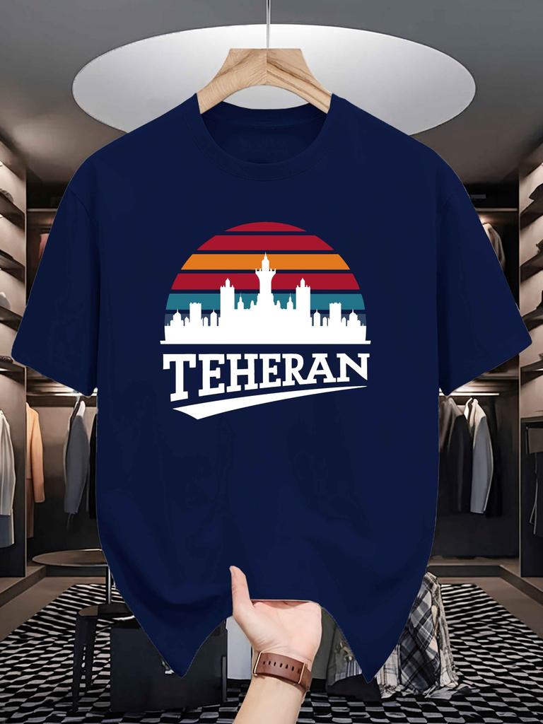 Unisex Crew Neck Tee Teheran Retro Sunset City Skyline Art Print Soft Cotton Loose Short Sleeve Summer Casual Male Streetwear Tops