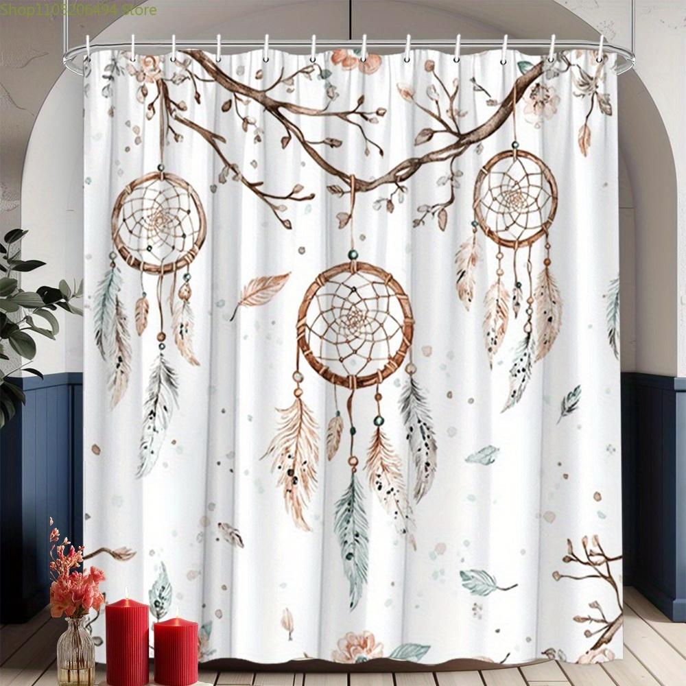 1pc Dreamcatcher Feather Shower Curtain, Bohemian Style Bathroom Decor with Light Leaves and Fantasy Designs, High-Quality Di