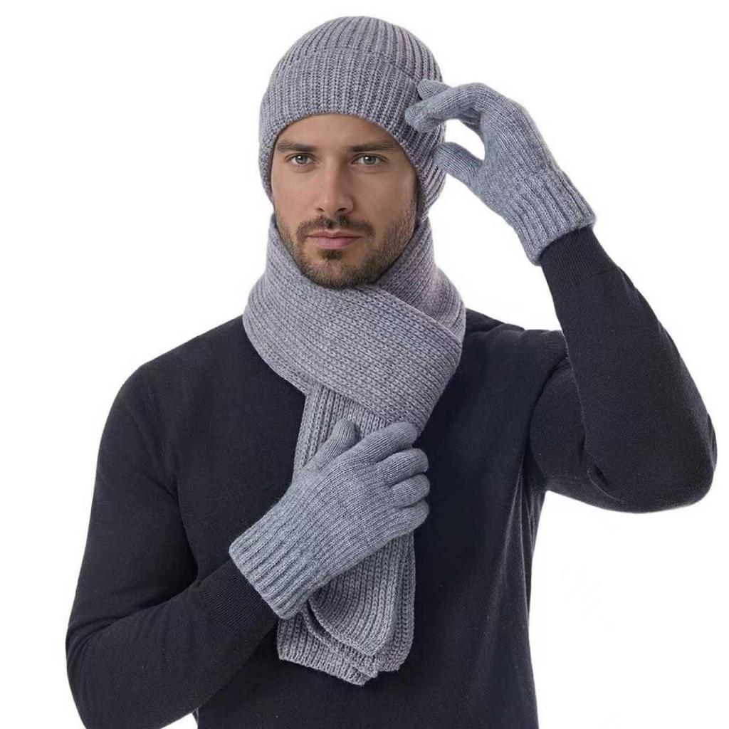 Winter Warm Woolen Hat, Scarf, and Gloves Set with Double-Layer Fleece Lining
