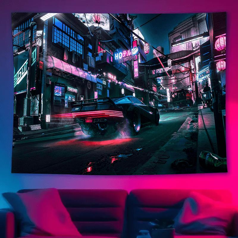 Cyberpunk City Tapestry With Neon Lights And Futuristic Car For A Vibrant Home Decor 100x150cm