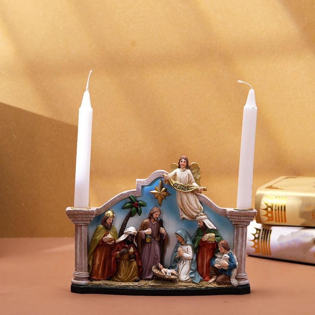 Nativity Candle Holder Christmas Candlestick Statue Centerpiece Resin Nativity Statue Ornament Catholic Christian Home Candle