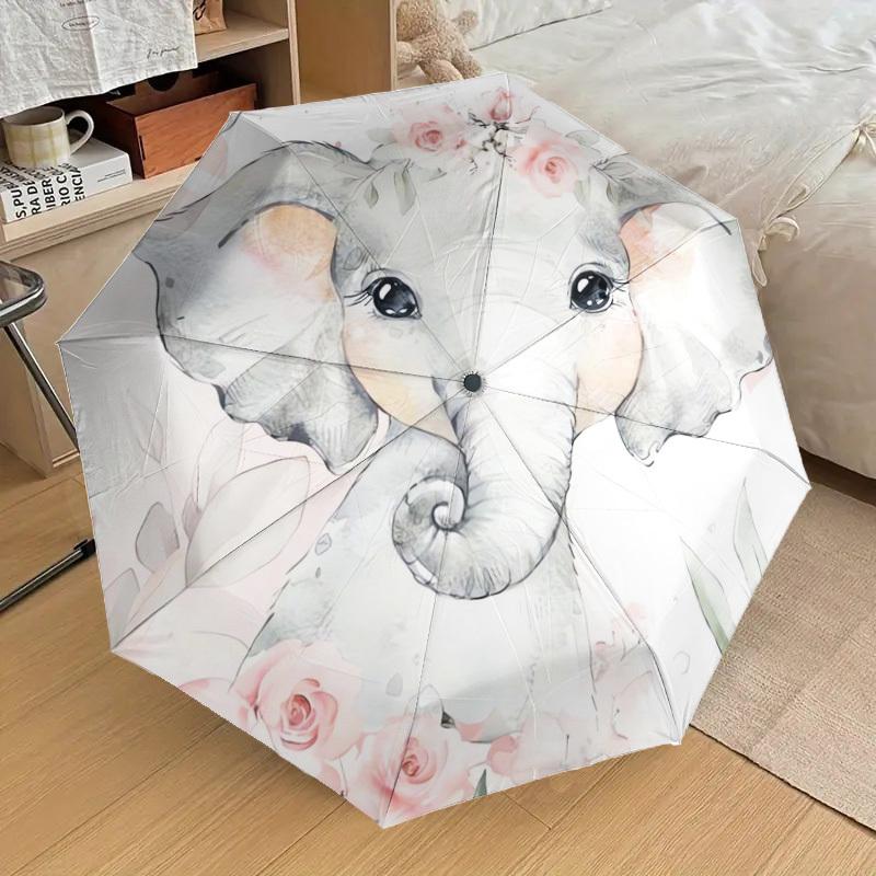 1 Stück Baby Elefant Florale Illustration Regenschirm mit Kunststoffgriff, Geeignet für Alle Jahreszeiten Zuhause Reise Outdoor RegenschirmDD374