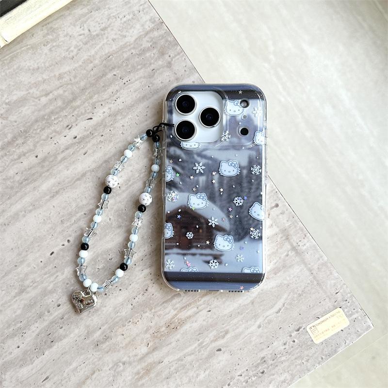 Winter Snowflake Hello Kitty iPhone Case for 14/15/16 Pro Max with Girly Heart Design
