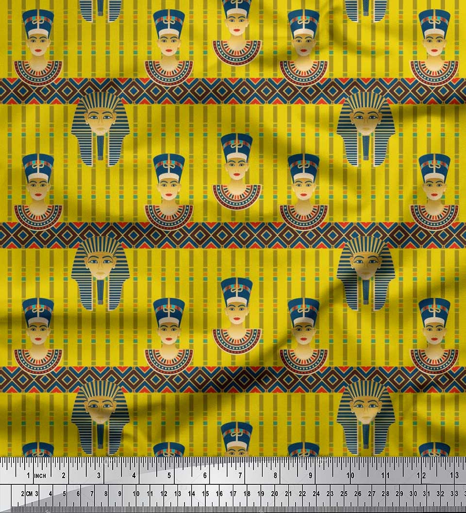 

Soimoi Japan Crepe Satin Fabric Stripe & Egyptian Women Print Швейна тканина метр 42 дюйма 42 Inch Wide - Poly Crepe жовтий