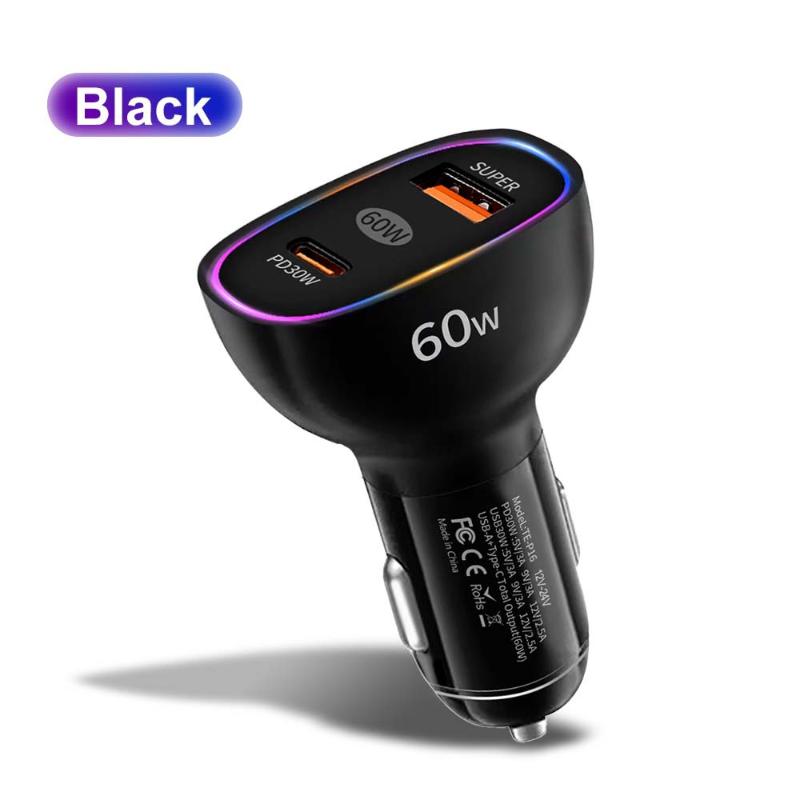 Car Charger 60W Usb C Fast Charger Pd30W Qc3.0 Dual Port Adapter Quick Charge 3A For Mobile Phones Tablets