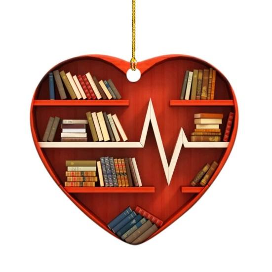 Heart Shaped Christmas Ornament Acrylic Bookshelf Xmas Tree Hanging Decorations 2D Flat Printed Book Gifts for Book Lovers