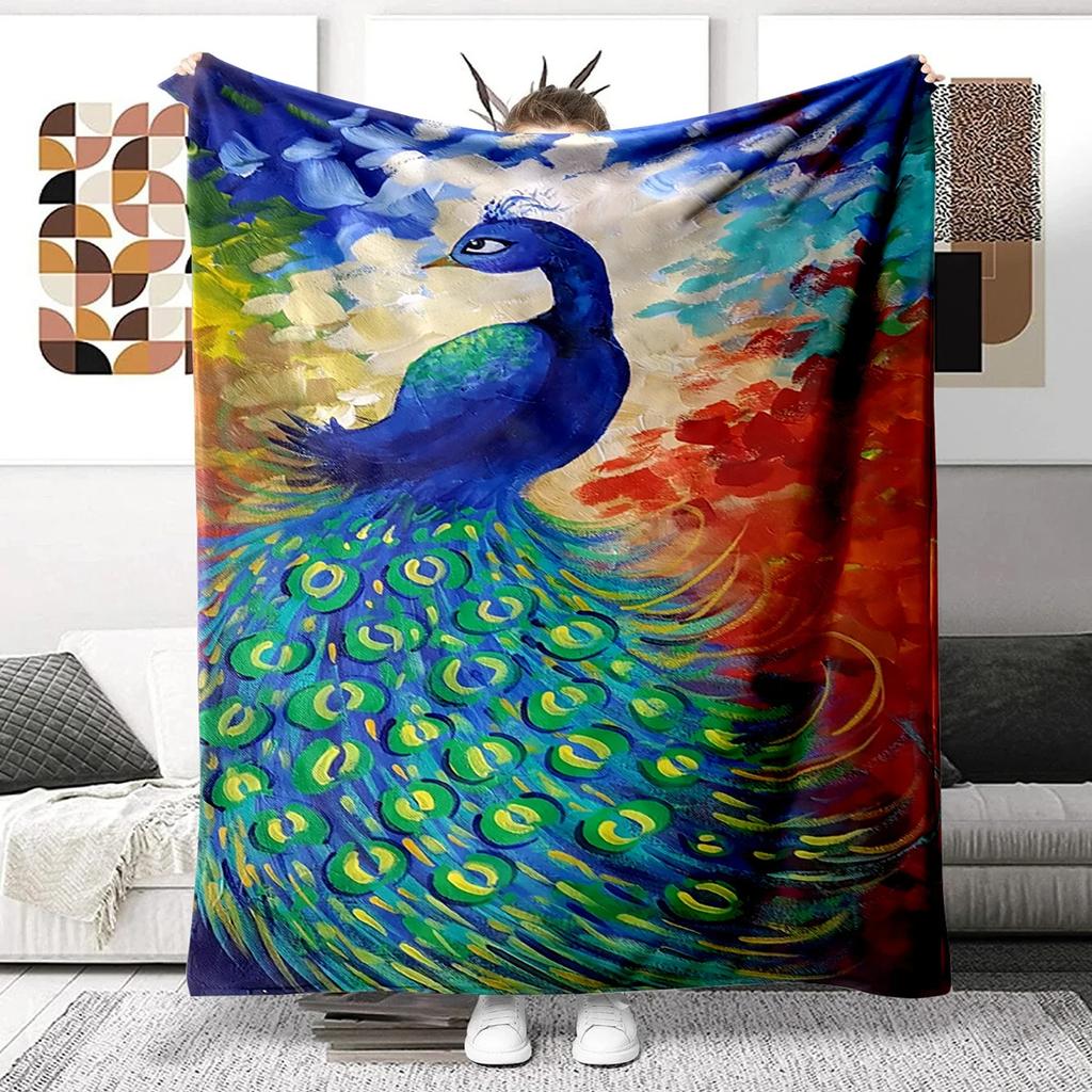 Colorful Peacock Picture Digitalprinted Polyester Bedroom Velvet Flannel Cover Blanket Fleece Soft Sofa Cover Blankets for Beds
