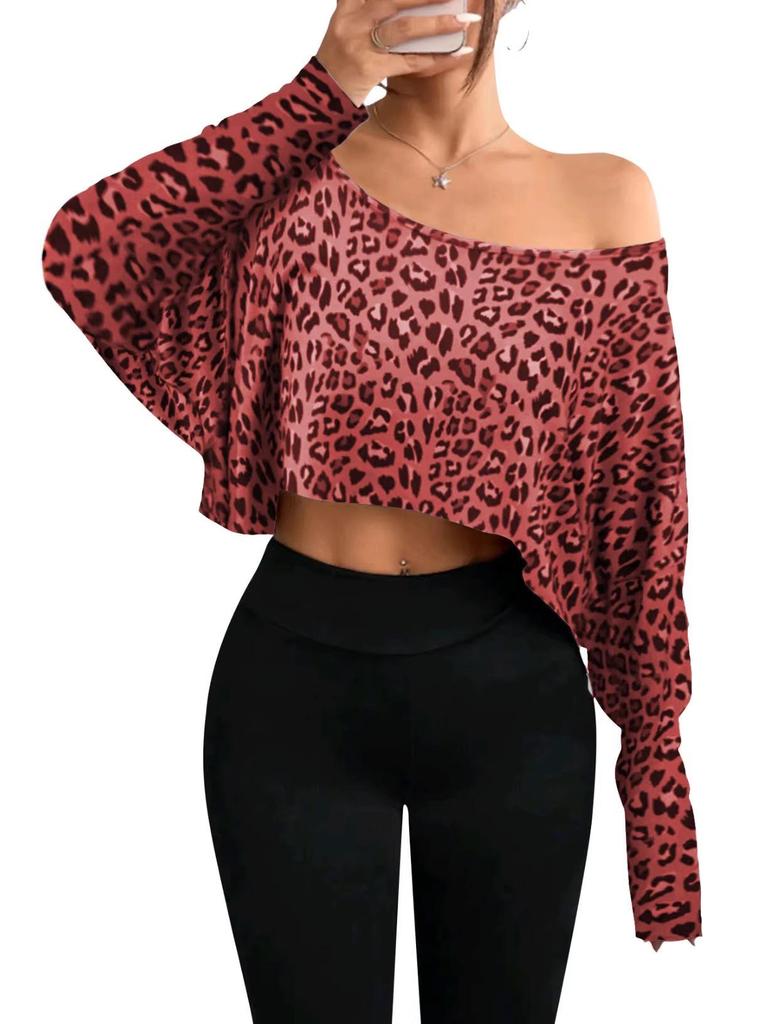 2026 Leopard Print Off-shoulder Cropped Long-Sleeve Top for Women