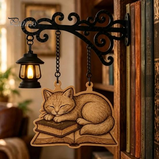 Retro Bookshelf Light Vintage with Cat Sleeping on Book Design, Lantern Rustic Metal Wall Lamp for Reading, Decorative LED Study Room Library