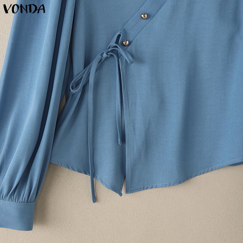 VONDA Women V-Neck Long Sleeve Lace-up Irregular Solid Color Casual Blouse
