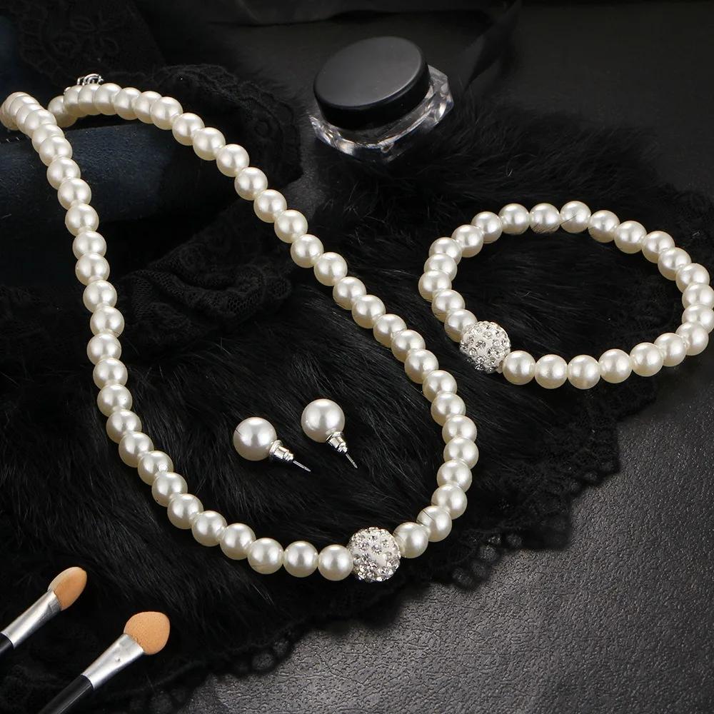 Sada 3 ks Klasický Trendy Náhrdelník Náramek Náušnice z Imitace Perel a Krystalů pro Ženy Luxusní Svatební Nevěsta Korea Sada Šperků Dárky