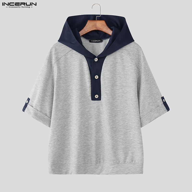 INCERUN Two Pieces Men Short Sleeve Splicing Hooded T-shirts Long Pants Sets