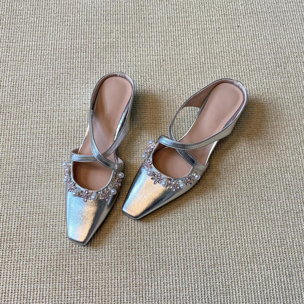 French Pearl Cross-strapped Bag Head Half Slippers with Skirt Inner Height Increase Temperament Muller Cool Slippers Women