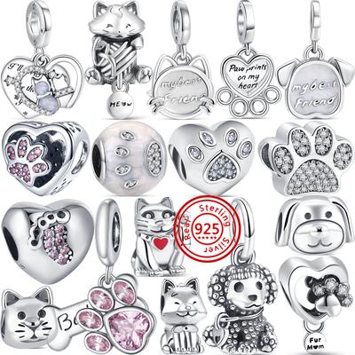 100% 925 Sterling Silver Paw Print Lucky Cat Dog Cute Puppy Charm Beads Fit Original  Charms Bracelet Women Girls Jewelry