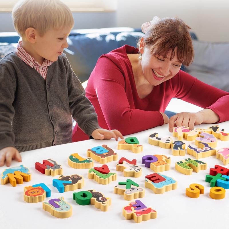 Wooden Children'S Cartoon Animals 26 Letter Capital Words Cognition Early Education Puzzle Toys