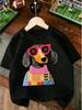 Cool Dachshund With Red Sunglasses Color Patchwork Outfit Graphic Print Kids Short Sleeve Tee Casual Crew Neck Children Daily To