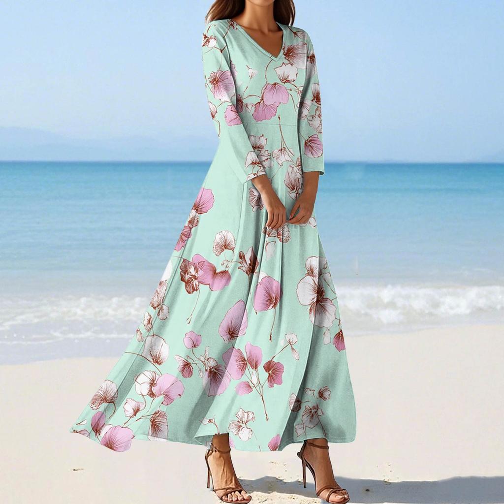 Women's Fashion V-Neck Floating Beach Dresses Seven Sleeve Floral Printed Dresses