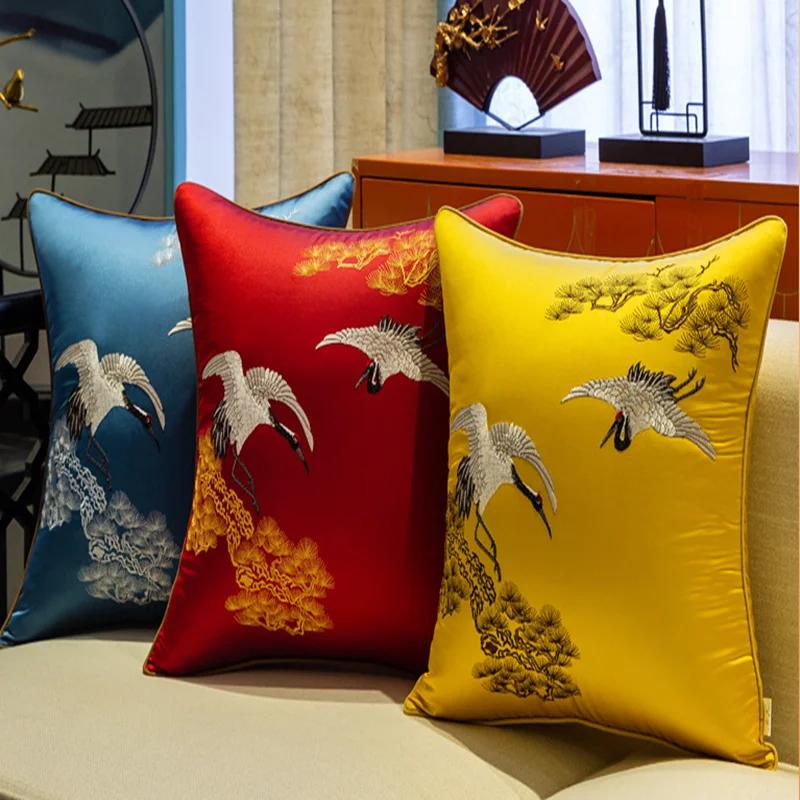 Wohnzimmer Schlafzimmer Kran Bestickte Dekokissen Kissenbezug im Neuen Chinesischen Stil Mahagoni Zuhause Sofa Bett Taillenkissenbezug