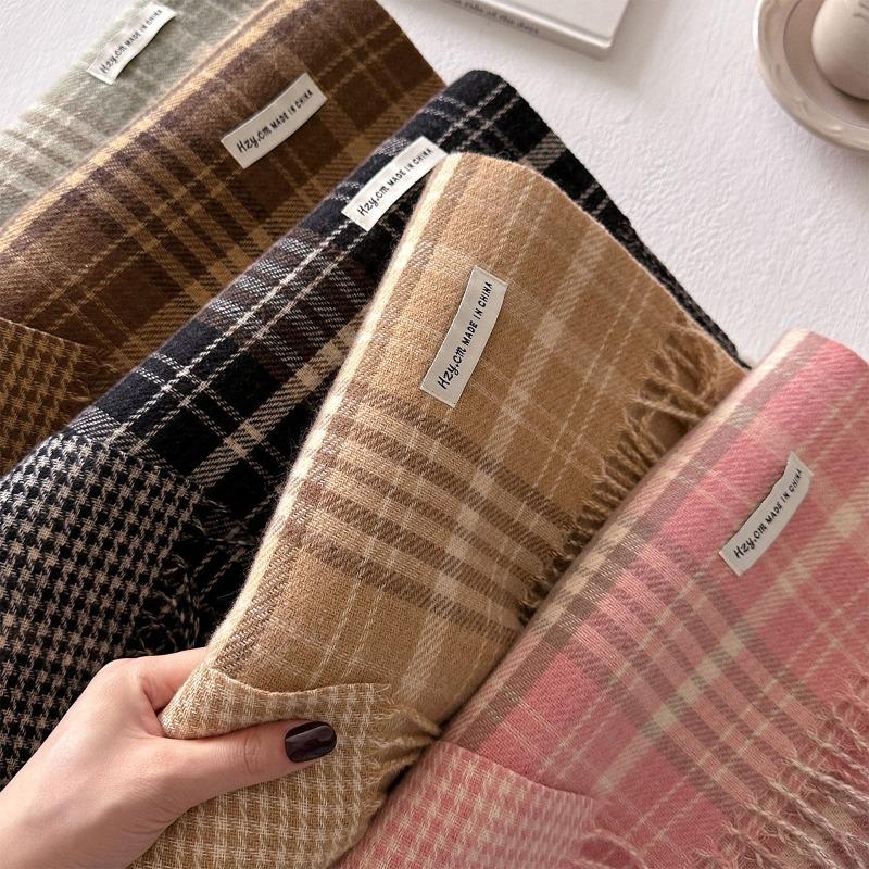 New retro plaid scarf women's autumn and winter medium and long warm scarf fashionable versatile fringed shawl
