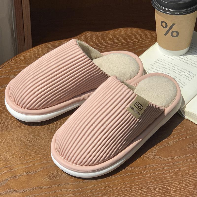 New Striped Cotton Slippers Winter Couple Home PU Waterproof Velvet Warm Non-slip Floor Slippers
