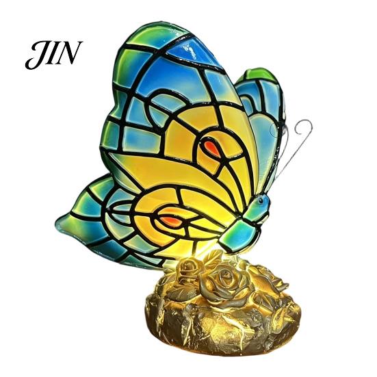 Study Desk Atmosphere Light Cute Bedside Table Lamp, Butterfly Rose Nightstand Lamps, Stained Glass Eye Protection Lamp Wing Shade, Bedroom Decor Home